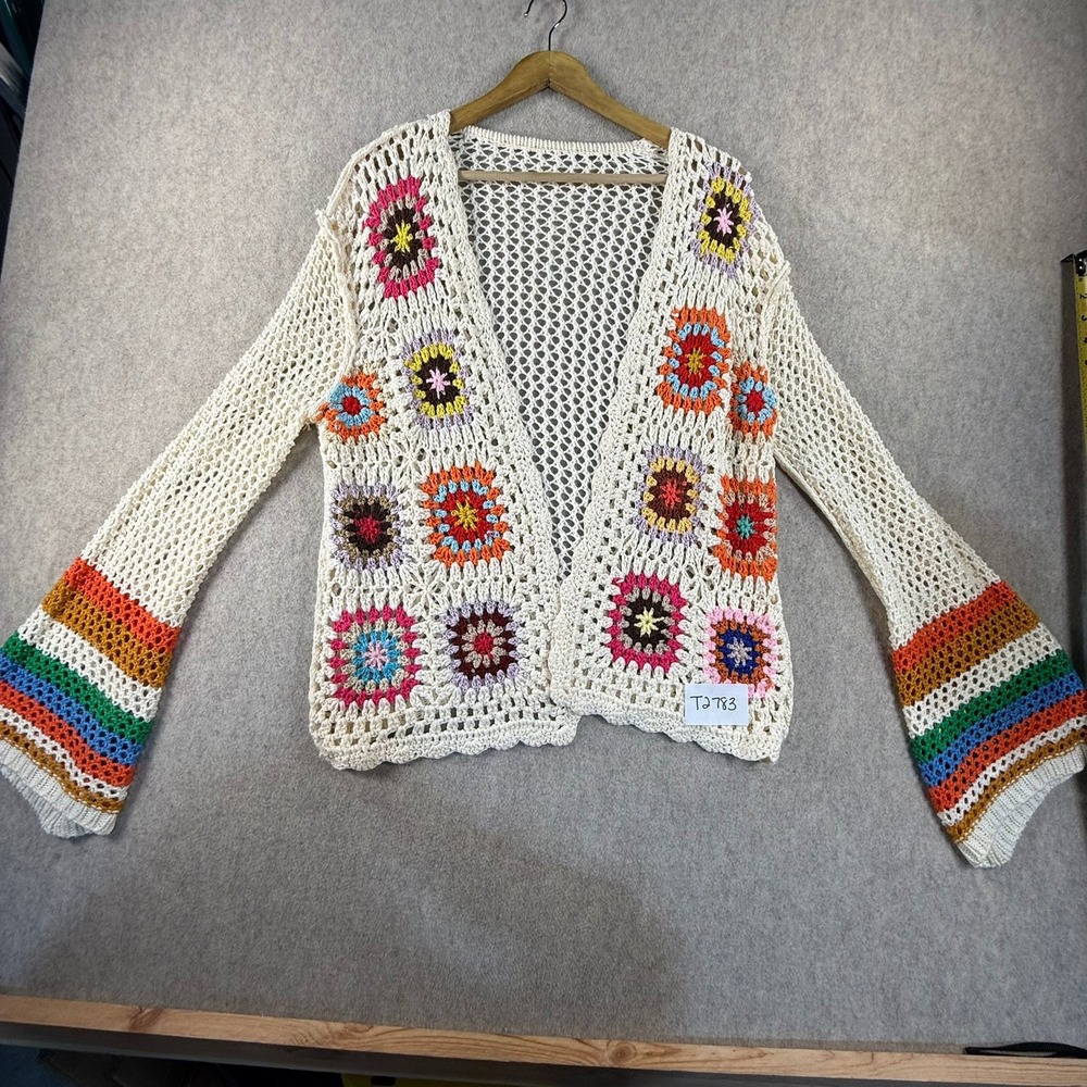Boho Crochet Granny Square Cardigan Rainbow Bell Sleeve Open Knit Cream Sweater